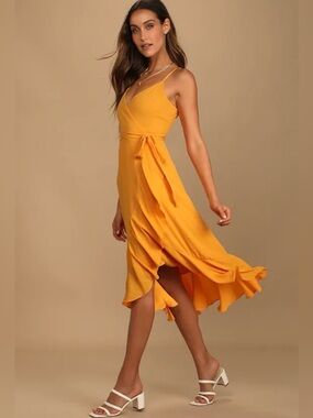 Lulu's Mustard Yellow Wrap Midi Dress with Tie Waist